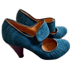 Chie Mihara dark turquoise suede and purple leather heels EU38